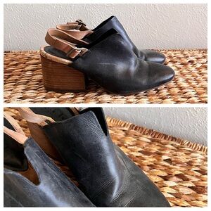 Kork Ease Slingback Mules black leather heels chunky black and brown 8